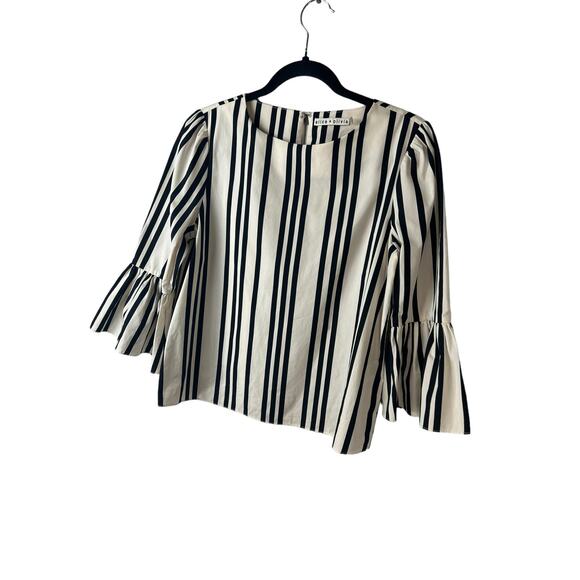 ALICE AND OLIVIA Bernice Ruffle-trimmed Striped Cotton Top In Variegated Stripe - Picture 4 of 8